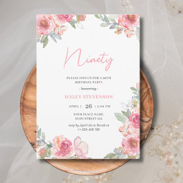 Convite Aquarela Rosa Floral Nonagésimo 90º Aniversário Ch