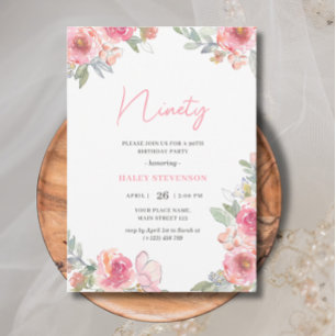 Convite Aquarela Rosa Floral Nonagésimo 90º Aniversário Ch