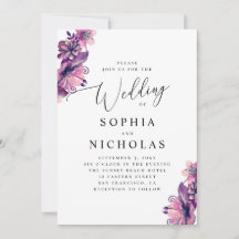 Aquarela rosa roxo floral script casamento