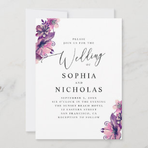 Convite Aquarela rosa roxo floral script casamento