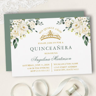 Convite Aquarela Rosas Brancas Sage Verde Dourado Quincean