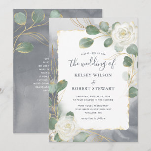 Convite Aquarela Rosas Brancas Verde Cinza Dourado Casamen