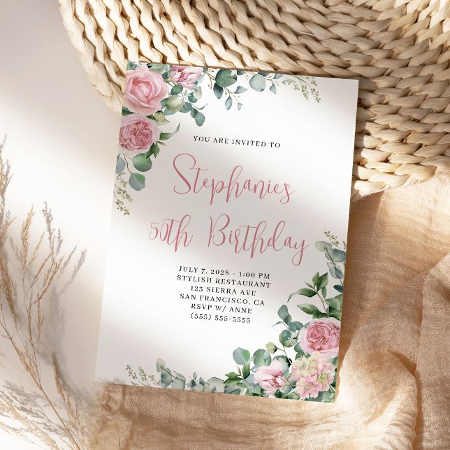 Convite Aquarela Rosas Cor-de-Rosa Aniversário Floral (Pretty watercolor pink roses birthday invite for her.)