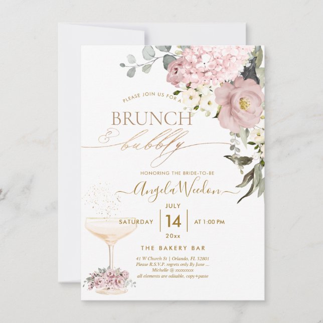 Convite Aquarela Rosas Empoeiradas Hydrangea Brunch Bubbly (Frente)