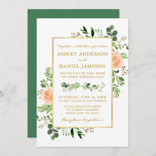 Convite Aquarela Rosas Greenery Casamento Dourado