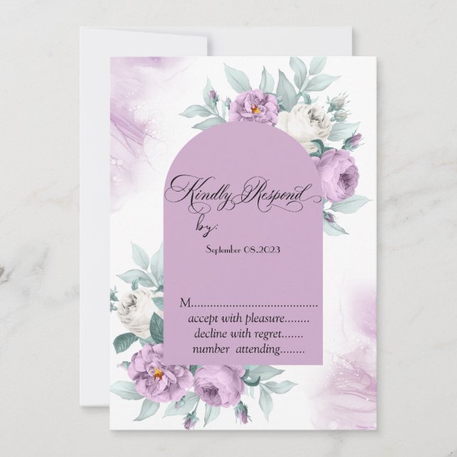 Convite Aquarela Rosas Lilás Bolinhas RSVP (Frente)