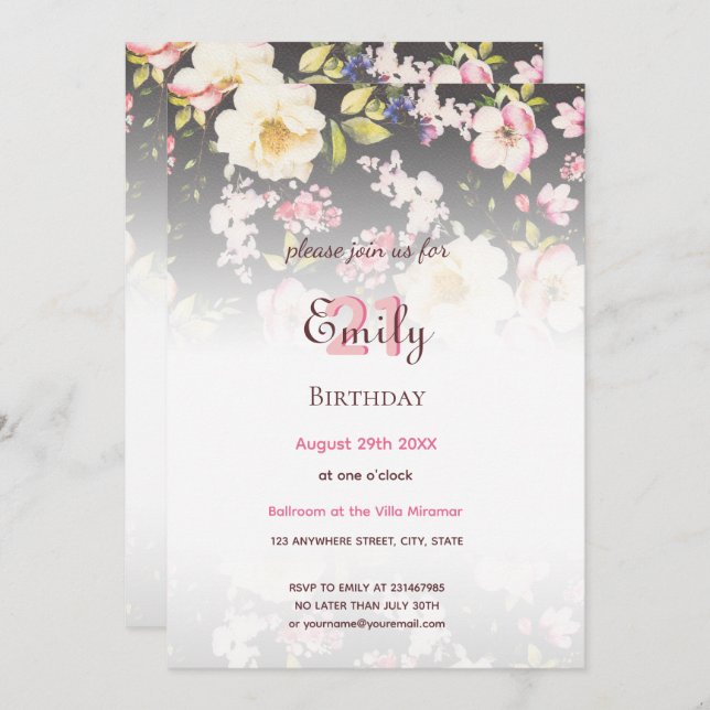 Convite Aquarela Rosas Rosa e Amarelo em Preto, Aniversári (Frente/Verso)