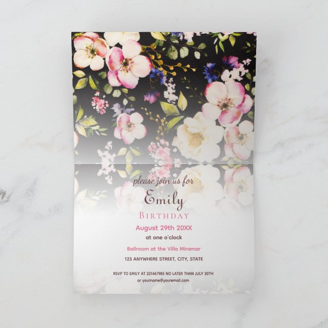 Convite Aquarela Rosas Rosa e Amarelo em Preto, Aniversári (Interior)