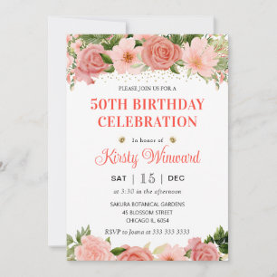 Convite Aquarela Rosas Rosa e Vermelhas Aniversário de 50