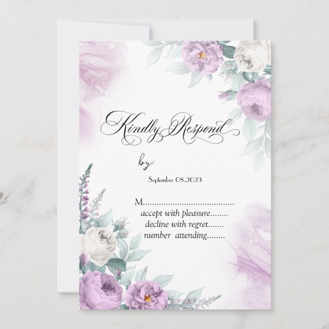 Convite Aquarela Rosas Violeta Bolinhas RSVP (Frente)