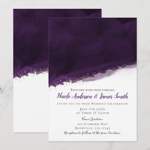 Convite Aquarela Roxo Ameixa e Dourado Moderno Casamento C