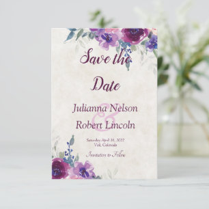 Convite Aquarela roxo e floral lilás salve a data