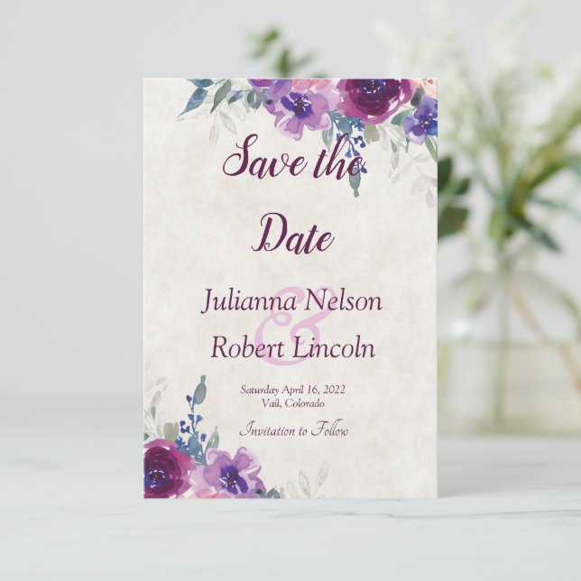 Convite Aquarela roxo e floral lilás salve a data (Em pé/Frente)