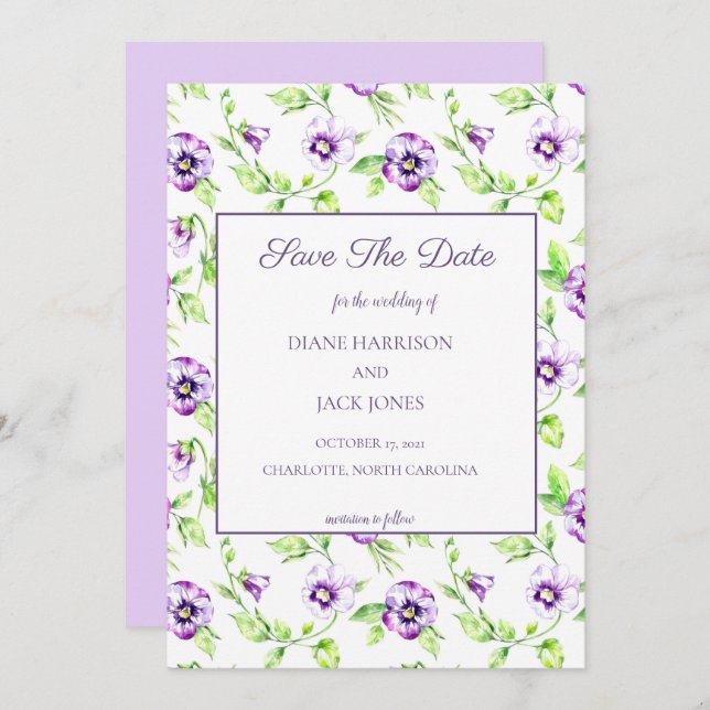 Convite Aquarela Roxos Violetas Salvam a Data (Frente/Verso)
