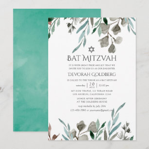 Convite Aquarela Rustic Verde Inverno Bat Mitzvah