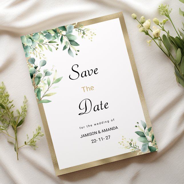 Convite Aquarela rusticida eucalipto verde Salvar a Data (Watercolor rustic eucalyptus green Save The Date)