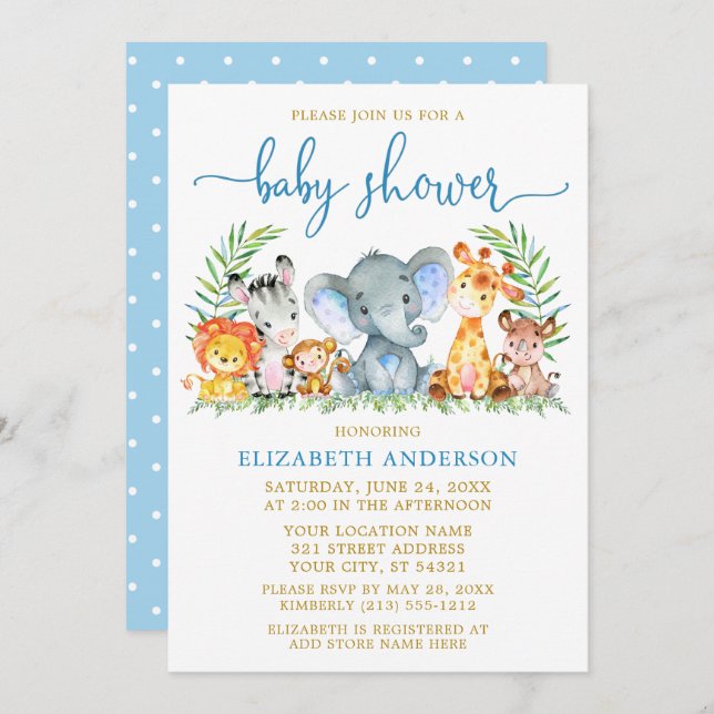 Convite Aquarela Safari Animais Chá Azul Script Dourado (Frente/Verso)