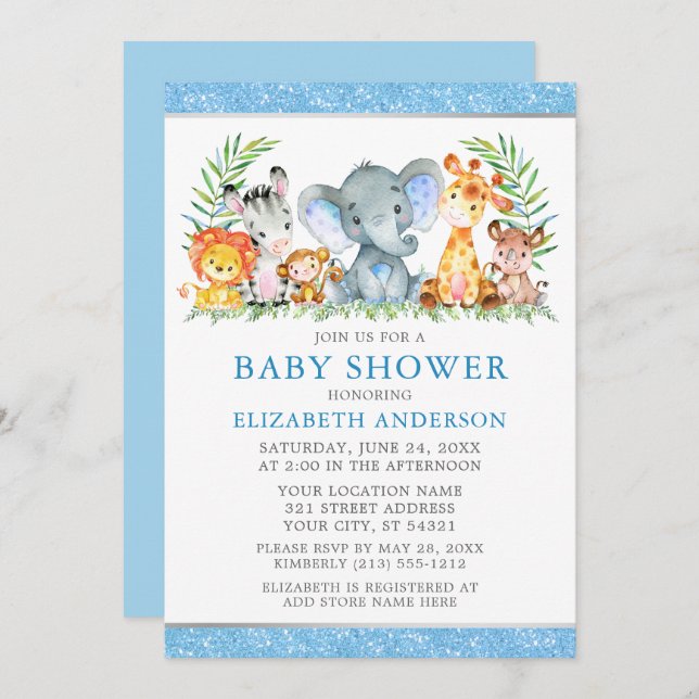 Convite Aquarela Safari Animais Chá Brilho Azul (Frente/Verso)