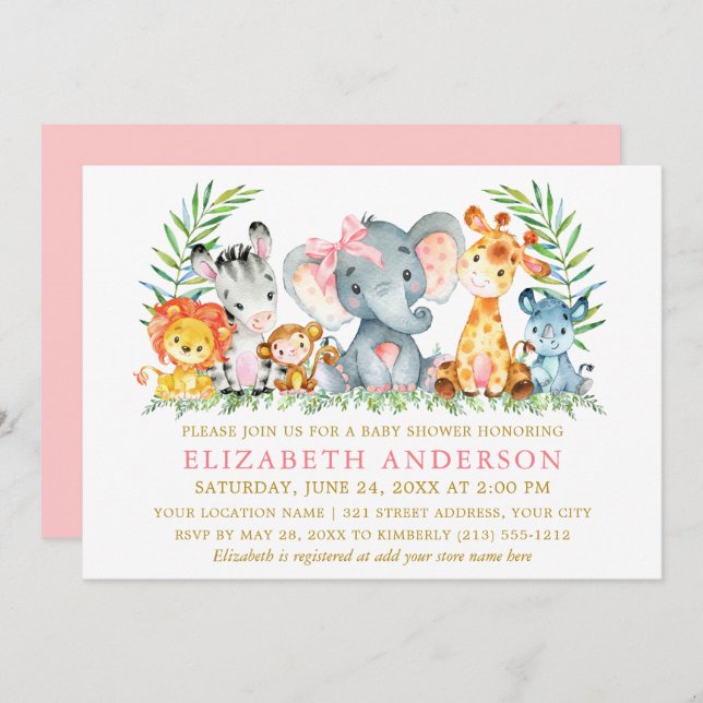 Convite Aquarela Safari Animais Chá de fraldas Arco Rosa (Frente/Verso)