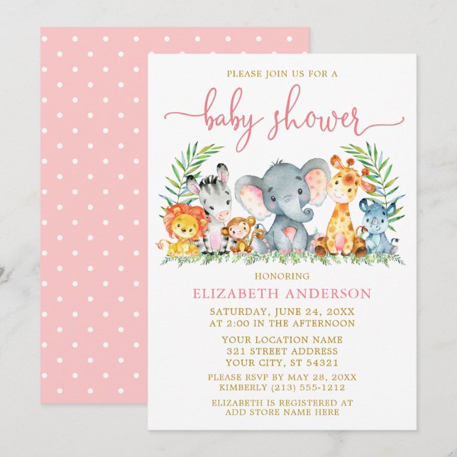 Convite Aquarela Safari Animais Chá Rosa Dourado (Frente/Verso)