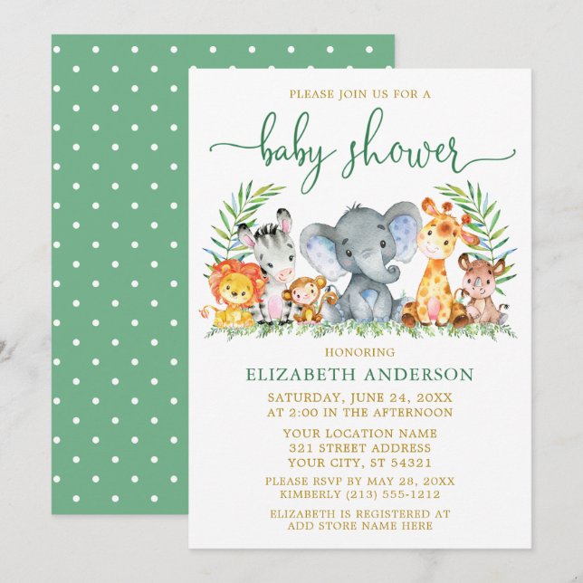 Convite Aquarela Safari Animais Chá Roteiro Verde Dourado (Frente/Verso)