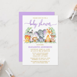 Convite Aquarela Safari Animais Roxos Chá Dourado