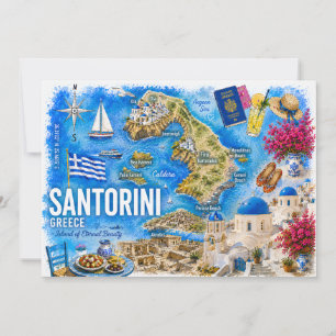 Convite Aquarela Santorini Grécia Oia Mapa de Referência