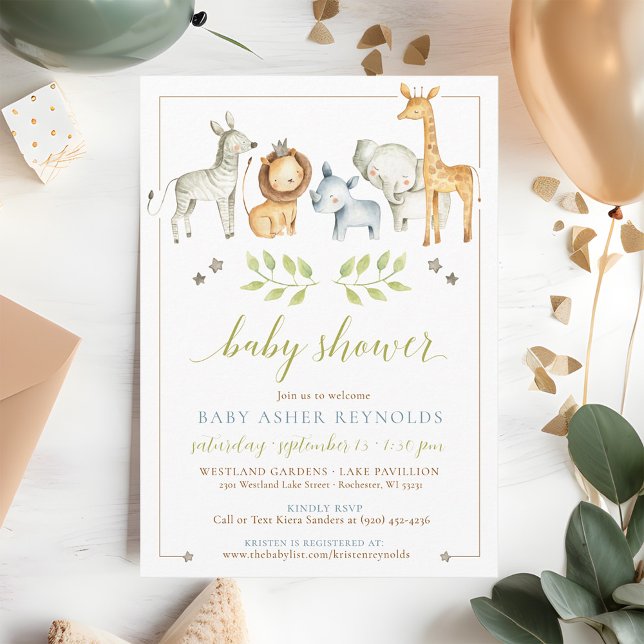 Convite Aquarela Selva Safari Animais Bebê Chá (Cute simple watercolor wild jungle safari zoo animals welcome baby boy shower invitation QR code)