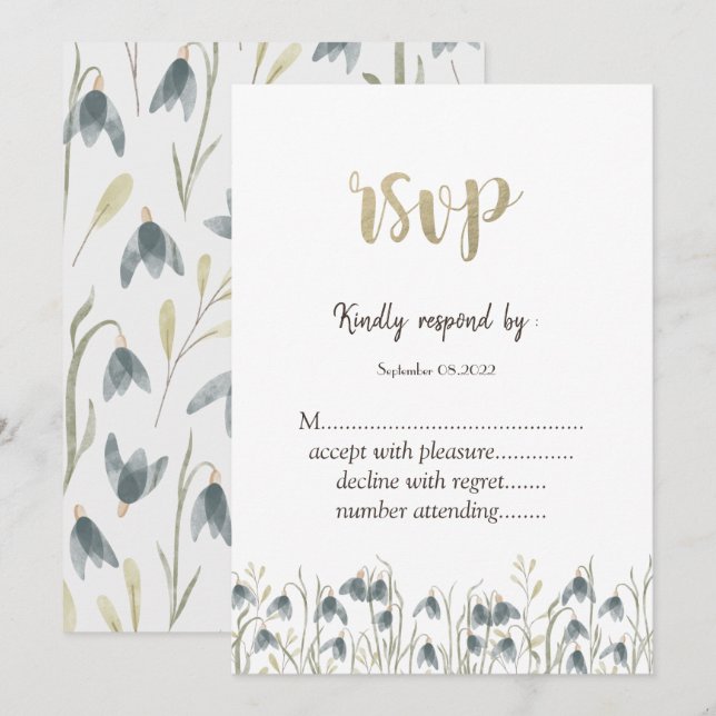 Convite Aquarela Snowdrops Flor Silvestre RSVP  (Frente/Verso)