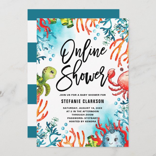 Convite Aquarela sob o Chá de fraldas Sea Online (Frente/Verso)