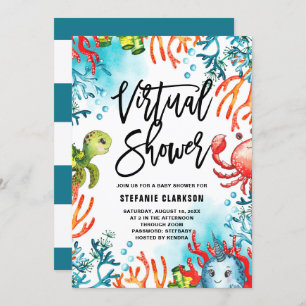 Convite Aquarela sob o Chá de fraldas Virtual do Mar