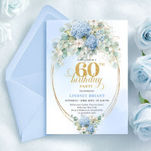 Aquarela Sofisticada Floral Azul Aniversário de 60