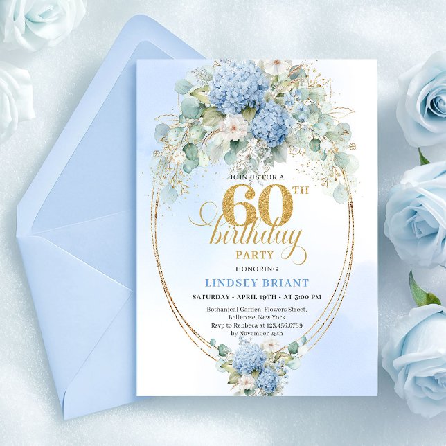 Convite Aquarela Sofisticada Floral Azul Aniversário de 60 (Sophisticated Watercolor Blue Floral 60th Birthday)