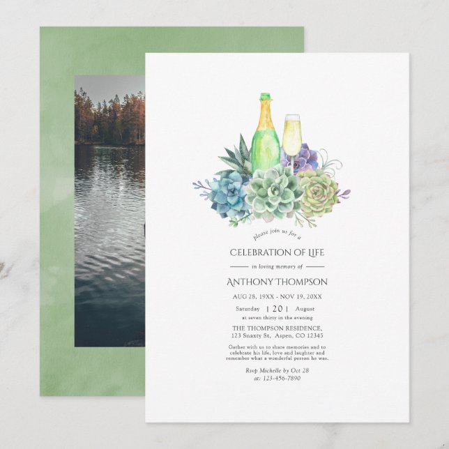 Convite Aquarela Suculenta Celebração da Vida do Vinho (Frente/Verso)