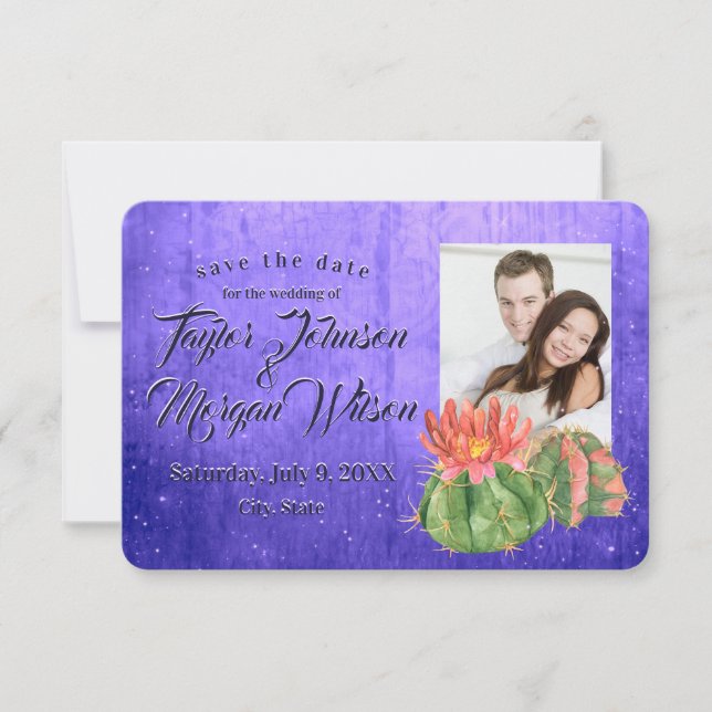 Convite Aquarela Suculta Foto Roxo Salvar Data (Frente)