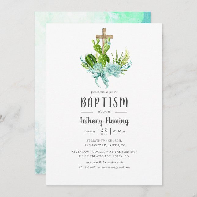 Convite Aquarela Sucultiva Bebê-Bebê Baptismo/Cristo (Frente/Verso)