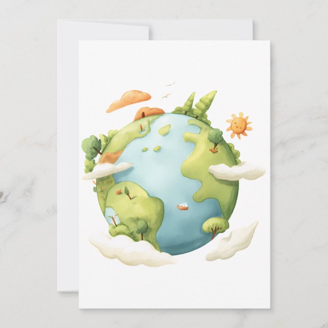 Convite Aquarela Terra - Cartoon Terra com Elemen Natureza (Frente)