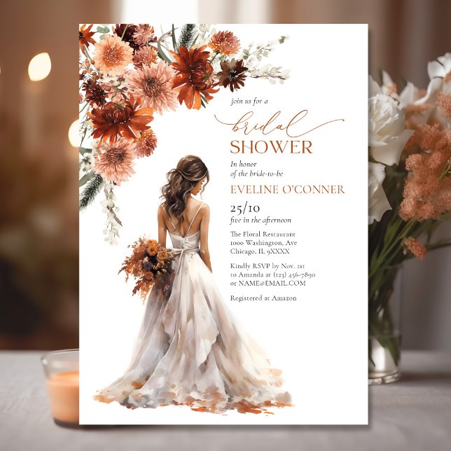 Convite Aquarela terracotta queda flores vestimenta de cas (Watercolor terracotta fall flowers wedding gown invitation)