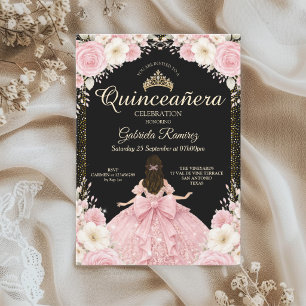 Convite Aquarela Tiara Dourada Preto e Rosa Beije
