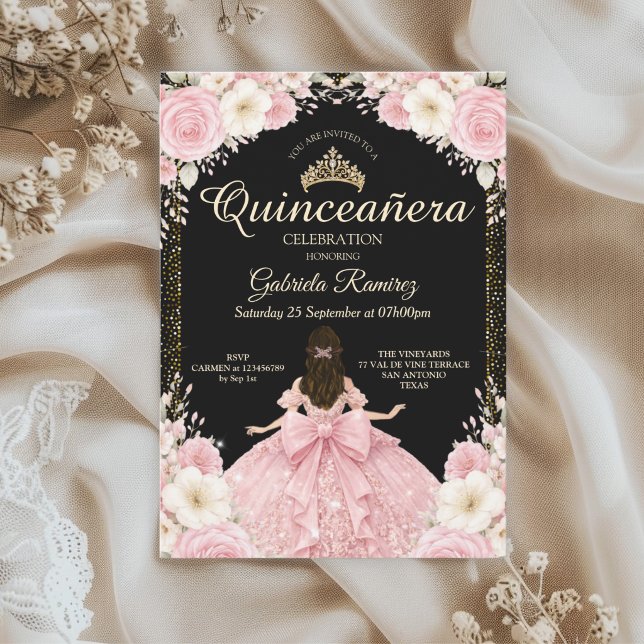 Convite Aquarela Tiara Dourada Preto e Rosa Beije (Criador carregado)