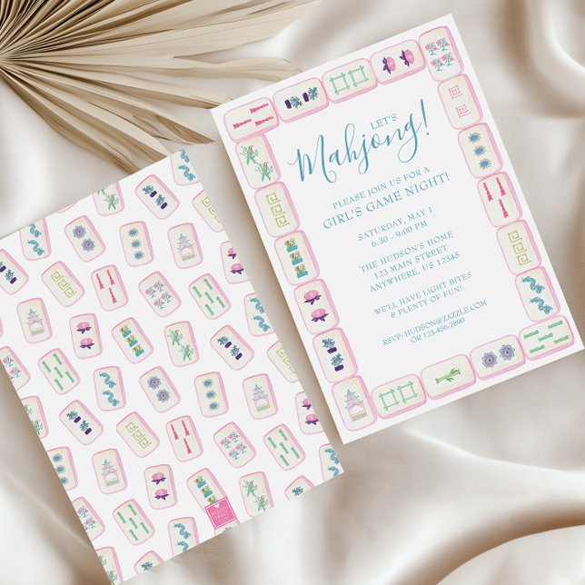 Convite Aquarela Tiles de Mahjong Rosa e Verde Festa (Mahjong Invitation)