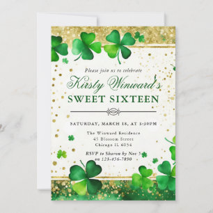 Convite Aquarela Trevo de Três Folhas Verde e Dourado Swee