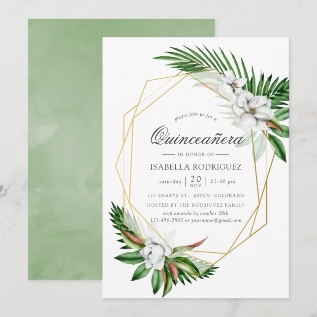 Convite Aquarela Tropical Greenery Geométrico Quinceañera (Frente/Verso)