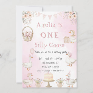 Convite Aquarela Um Ganso Tolo Xadrez Rosa Aniversário