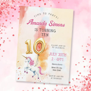 Convite Aquarela Unicórnio Menina Balão Dourado 10º Aniver
