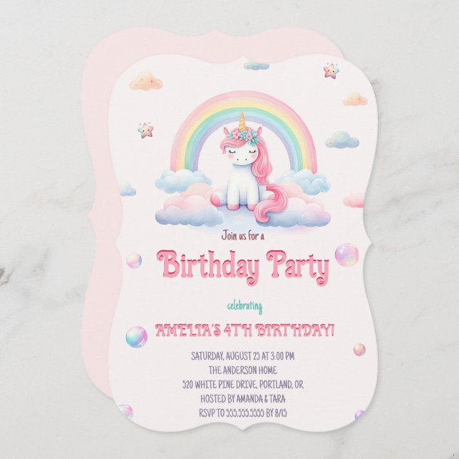 Convite Aquarela Unicorns Festa de aniversário mágica do a (Frente/Verso)