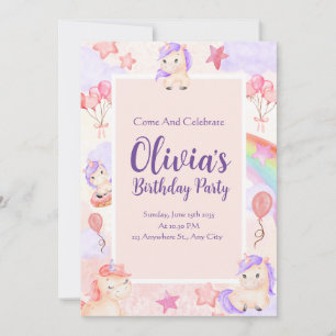 Convite Aquarela Unicorrola Arco-Íris Balões Cor-de-Rosa