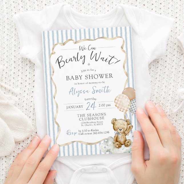 Convite Aquarela Urso Urso Urso Urso Esperado Chá (Cute teddy bear theme We Can Bearly Wait bow checkerboard balloons blue baby boy shower invitation)