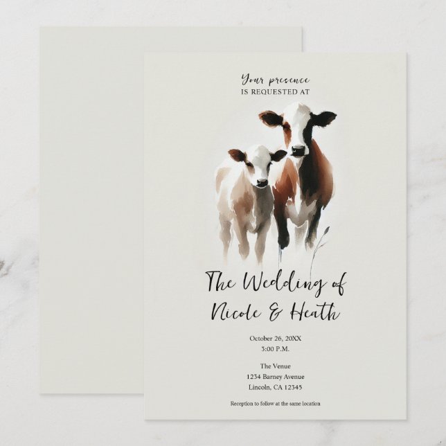 Convite Aquarela Vacas Casamento Rústico Minimal (Frente/Verso)