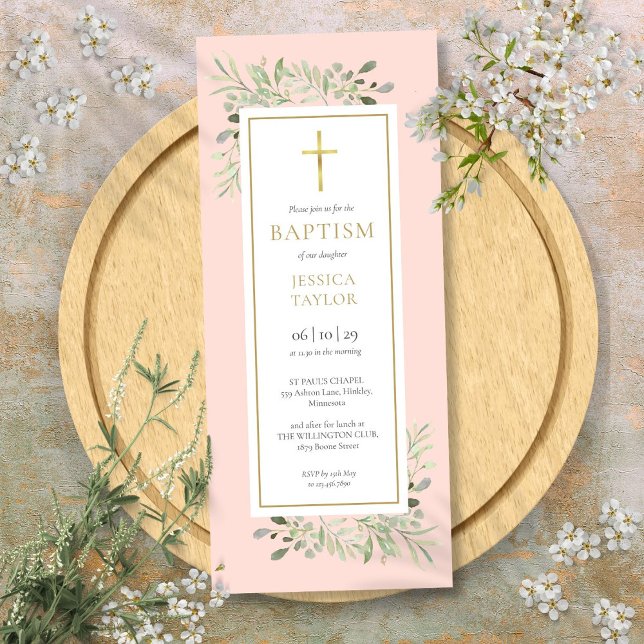 Convite Aquarela Verde-Batismo Escancarado Rosa (Watercolor Greenery Baptism Christening Blush Pink Invitation)